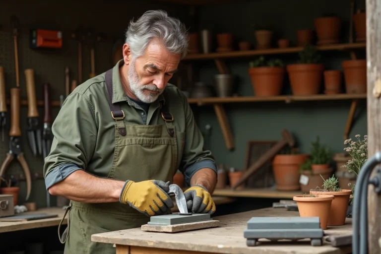 Homme en tablier affûtant la lame d'un sécateur usé avec une pierre à aiguiser dans un atelier de jardinage rustique