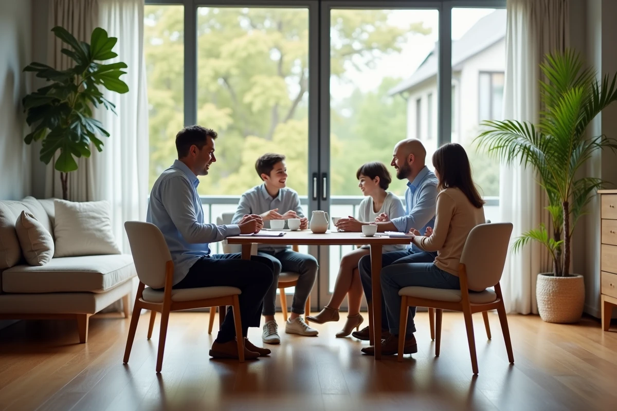 Agent immobilier discutant avec une famille dans un salon lumineux