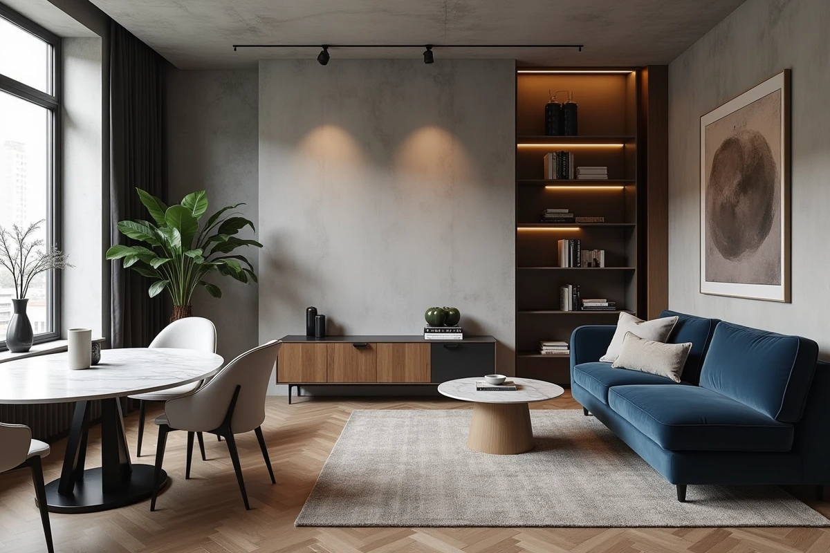 Appartement urbain moderne avec parquet en chevrons, mur en béton brut, canapé velours et table en marbre pour une décoration intérieure stylée