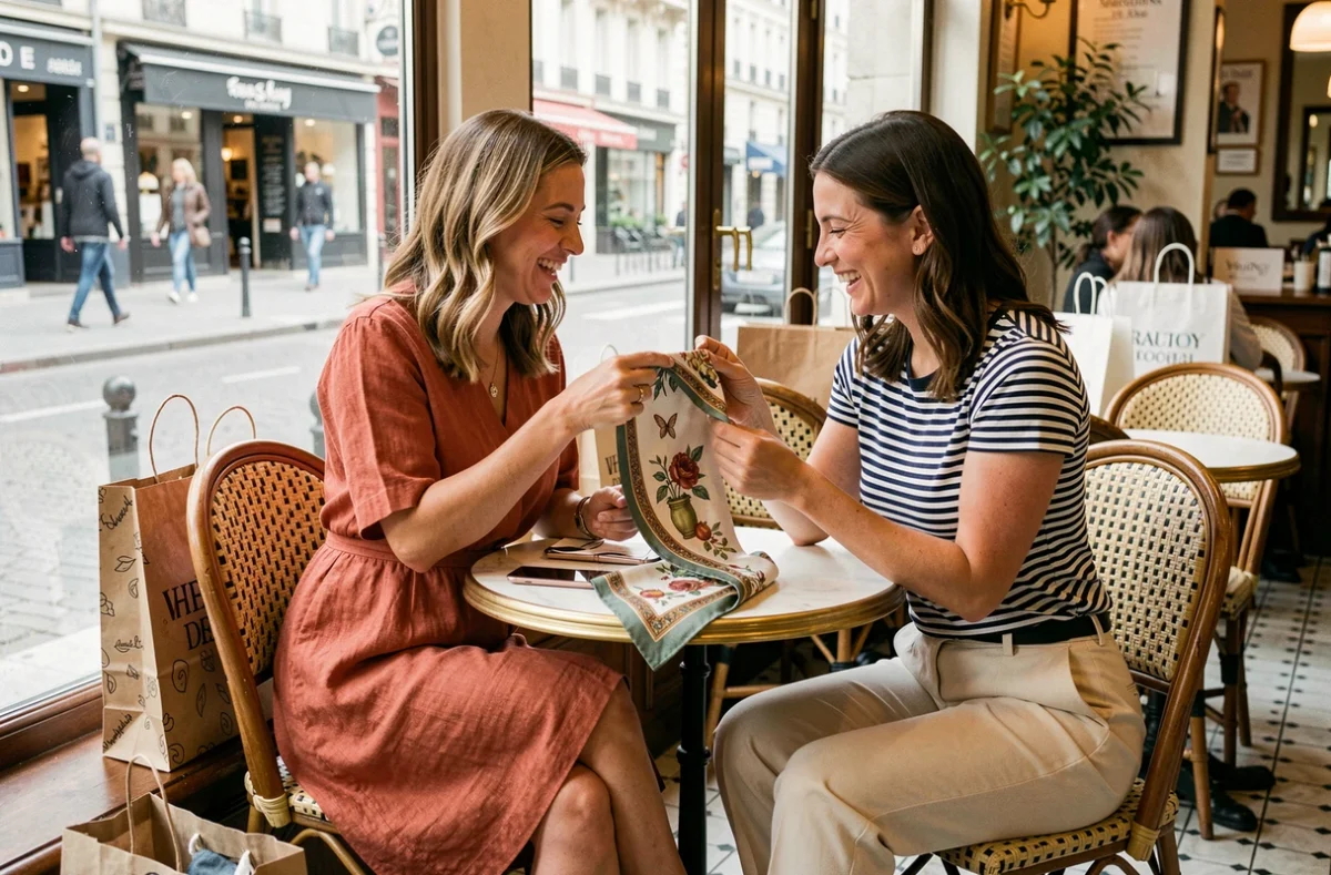 Deux amies attablées dans un café parisien entourées de sacs de shopping tendance, riant en découvrant leurs achats de mode de saison