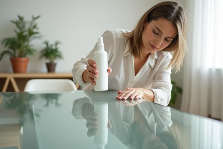 Femme appliquant un spray protecteur transparent sur une table en verre dans un intérieur scandinave moderne