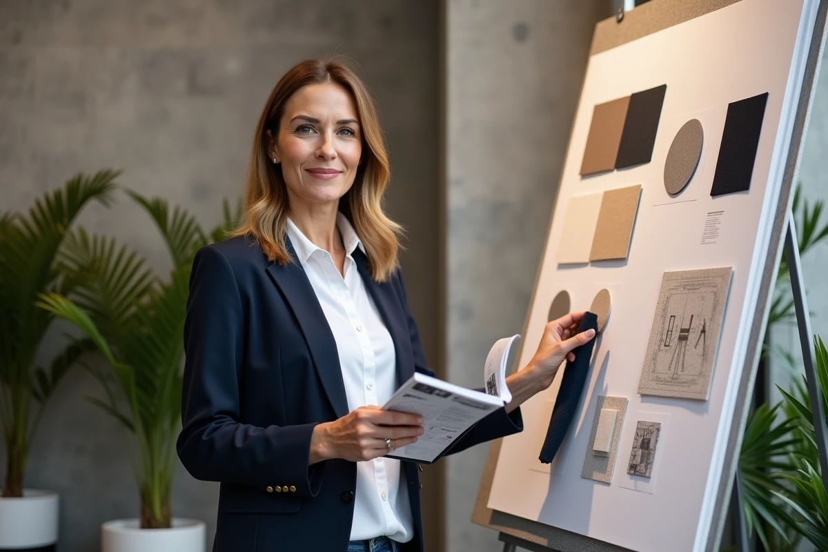 Architecte d'intérieur présentant des tendances décoration et matériaux au salon habitat 2024