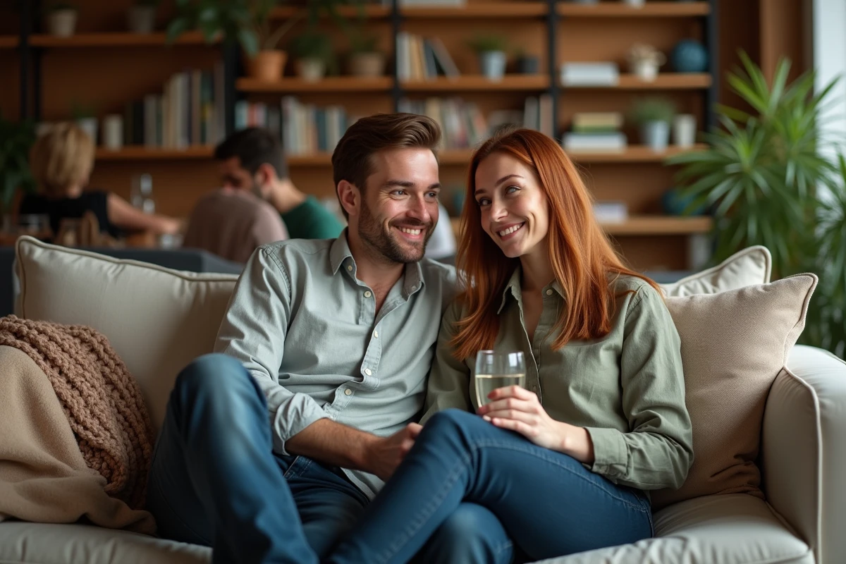 Femme souriante et tournée vers un homme sur un canapé lors d'une soirée, regard direct signe d'intérêt romantique