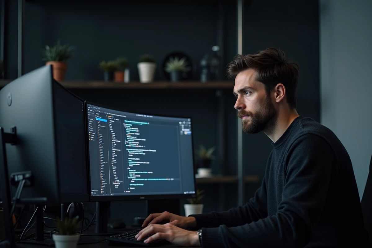 Développeur de l'agence Blacksmith concentré sur du code PHP backend dans un bureau industriel minimaliste aux tons sombres