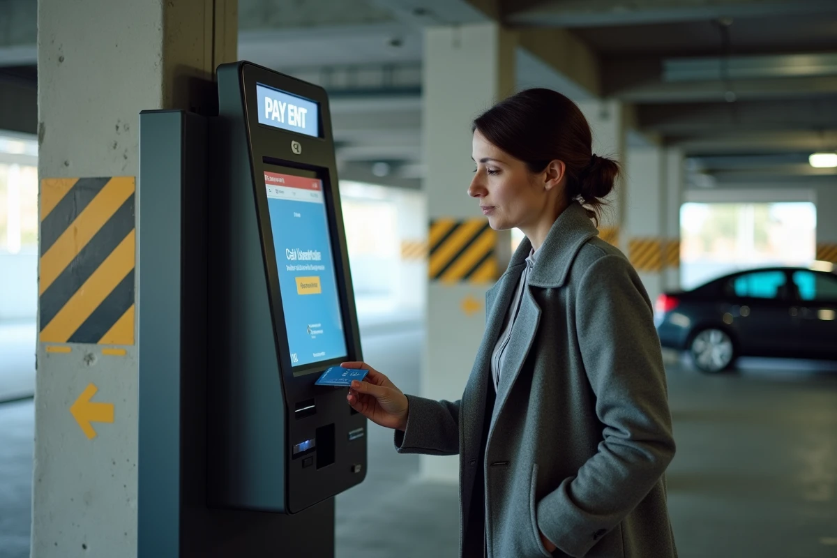 Femme utilisant la borne de paiement automatique dans le parking couvert P2 du Stade de France