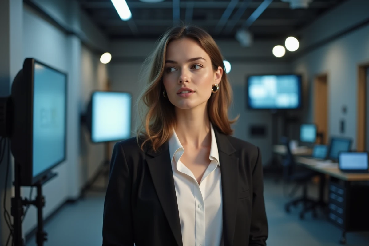 Jeune femme présentatrice dans les coulisses d'un studio de télévision, reflétant une carrière médiatique construite avec ambition et soutien familial