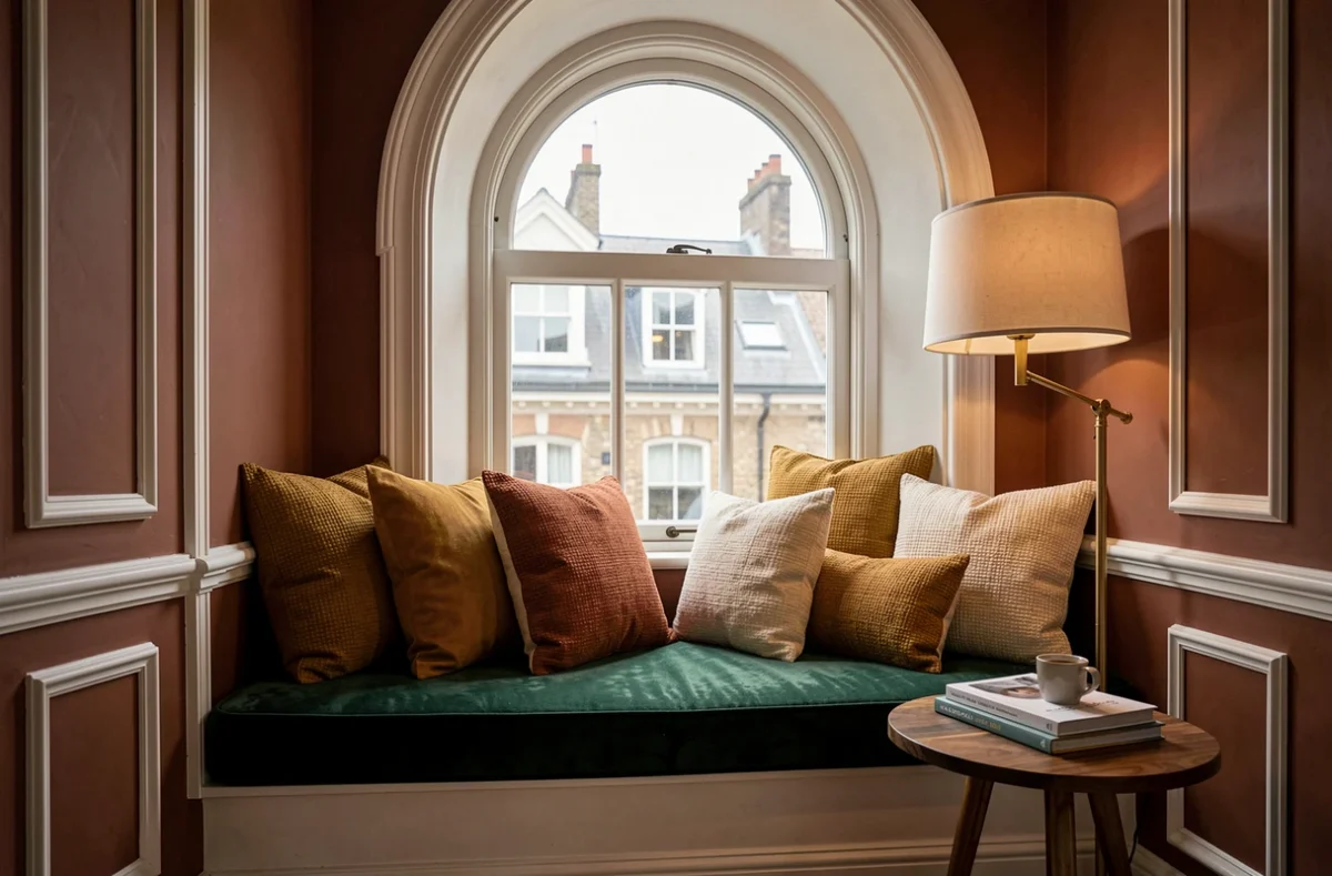 Coin lecture cosy avec banquette en velours vert forêt, coussins colorés et fenêtre arquée donnant sur les toits dans un appartement rénové