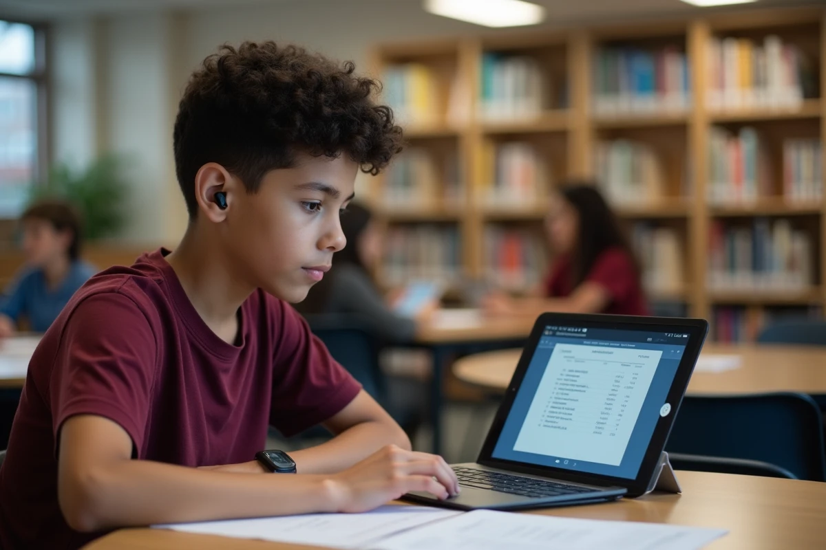 Collégien dyslexique utilisant une application de synthèse vocale sur tablette dans une bibliothèque scolaire pour suivre ses cours