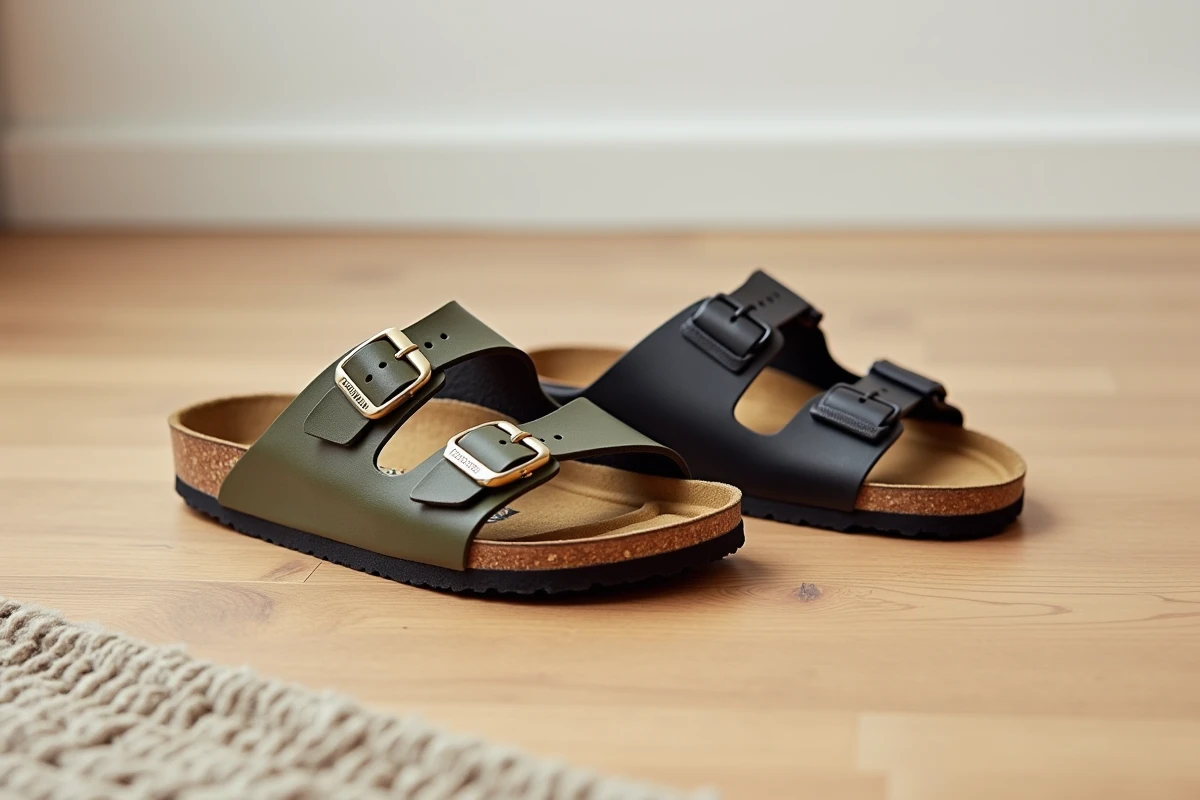 Comparaison côte à côte de deux sandales orthopédiques avec soutien de la voûte plantaire, style Birkenstock et sandale sport coussinée, pour traitement fasciite plantaire