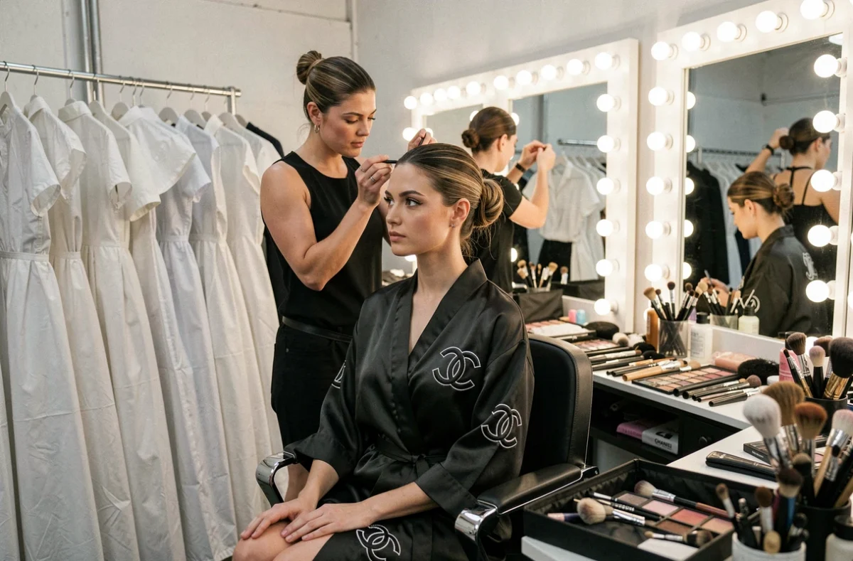 Coulisses du défilé Chanel avec une mannequin en loge et des équipes de coiffure et maquillage au travail