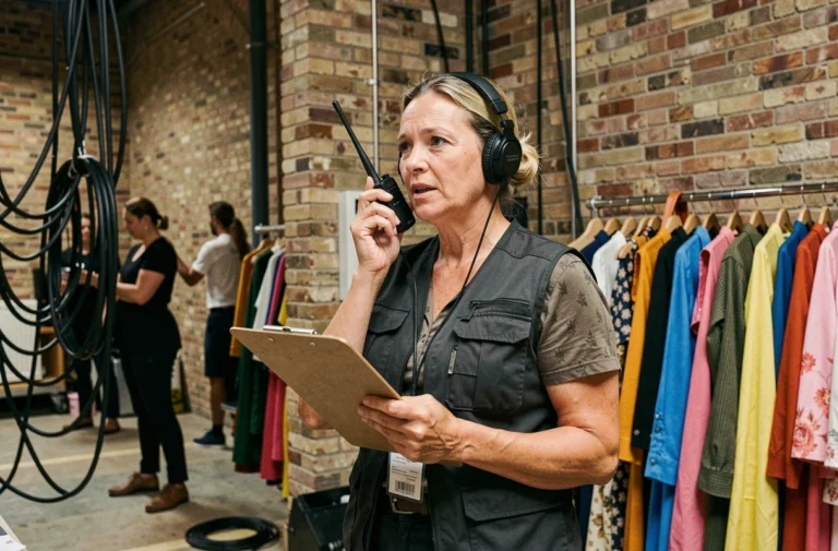 Régisseuse de scène avec casque et talkie-walkie dans les coulisses d'un événement culturel bruxellois