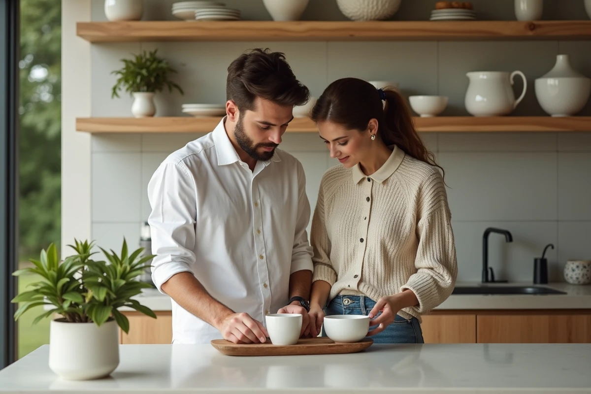 Jeune couple choisissant des objets de décoration dans la cuisine
