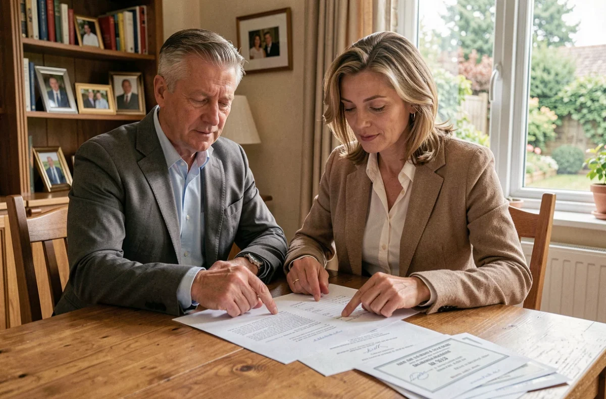 Couple de quinquagénaires examinant ensemble des documents juridiques de donation immobilière à la table familiale