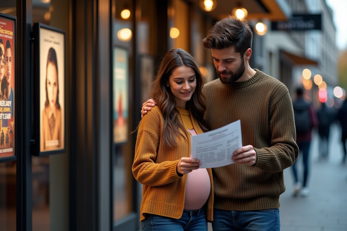 Couple attendant devant un cinéma, femme enceinte et son partenaire consultant les horaires des séances