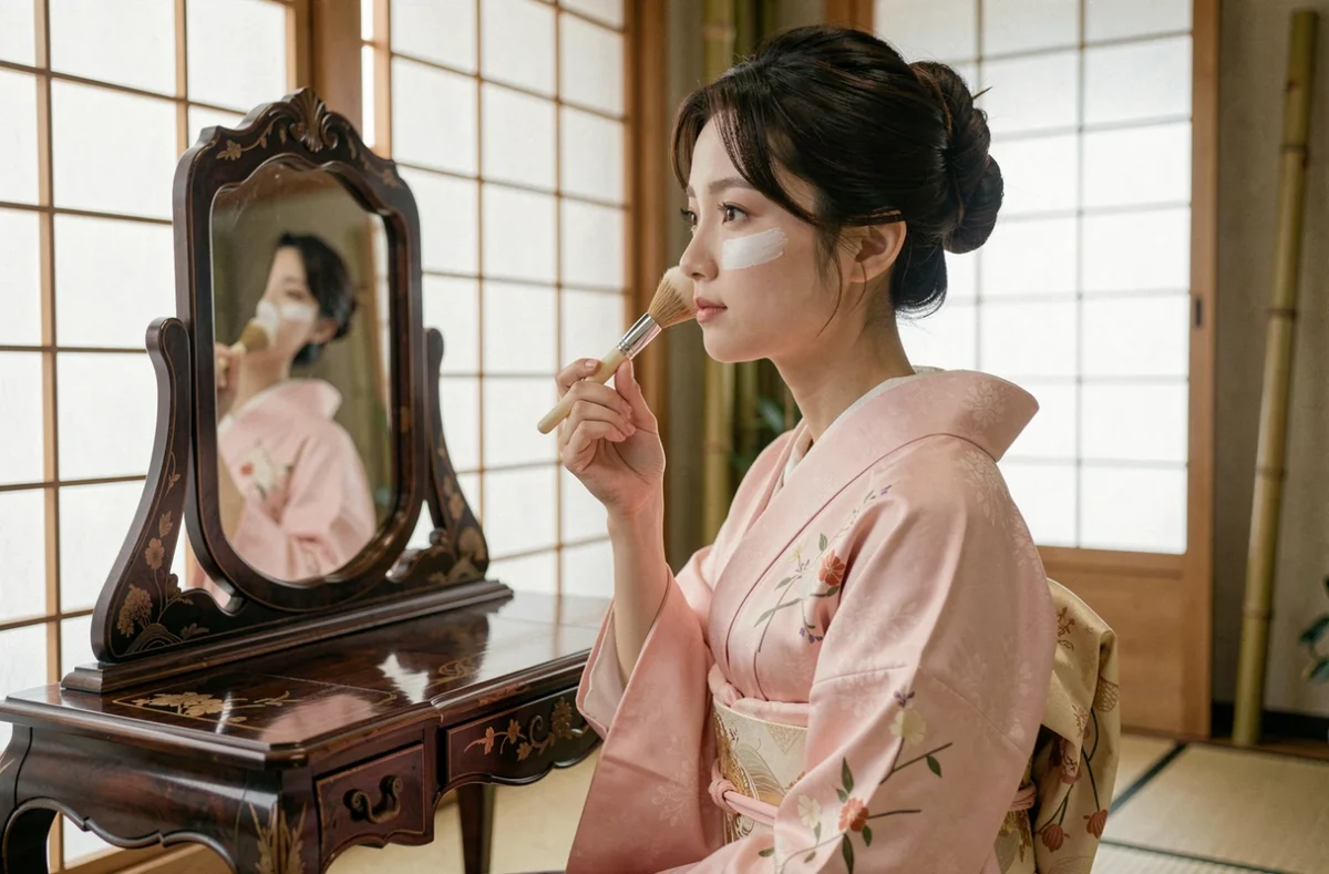 Jeune femme japonaise en kimono rose appliquant du maquillage traditionnel oshiroi devant un miroir laqué dans une salle de tatami