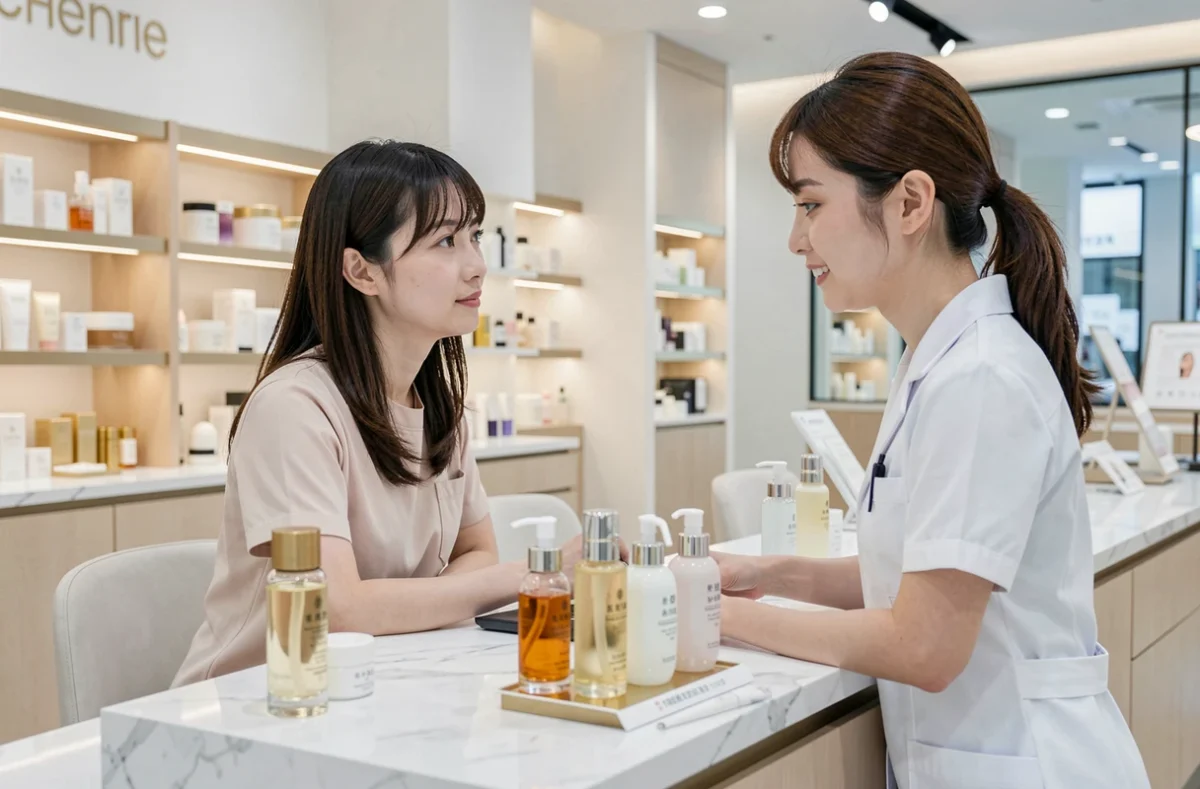 Femme japonaise recevant une consultation skincare J-beauty dans un grand magasin de luxe à Ginza Tokyo
