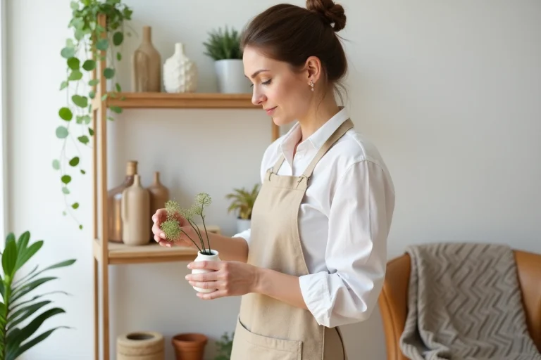 Femme décorant une étagère en bois dans un salon de style scandinave avec des objets céramiques et des plantes d'intérieur