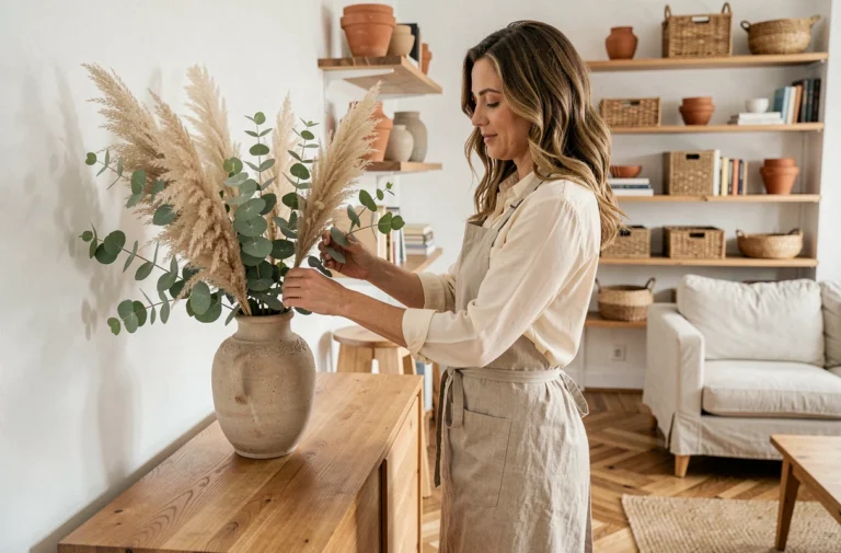 Femme arrangeant des fleurs séchées dans un vase céramique dans un salon de style scandinave avec parquet en chevrons et étagères en bois