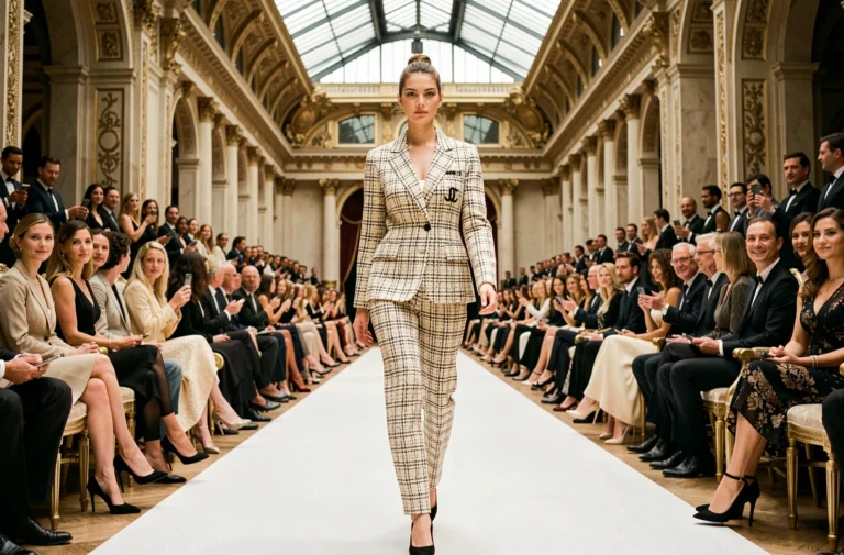 Mannequin défilant sur le podium blanc d'un défilé Chanel dans un grand palais parisien aux invités élégants