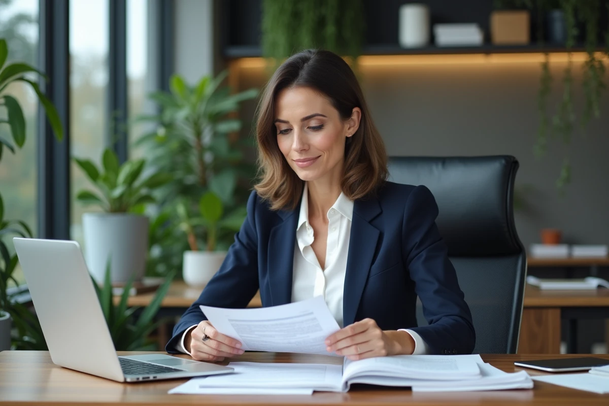 Femme professionnelle en agence immobilière consultant des documents pour faciliter ses démarches d'achat immobilier