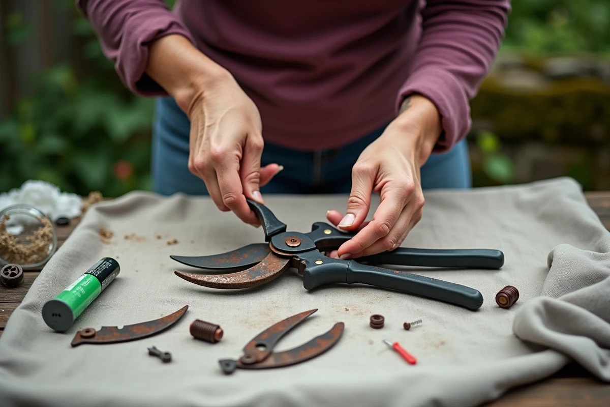 Mains féminines démontant un sécateur rouillé sur une table de jardin avec les pièces disposées soigneusement pour réparation