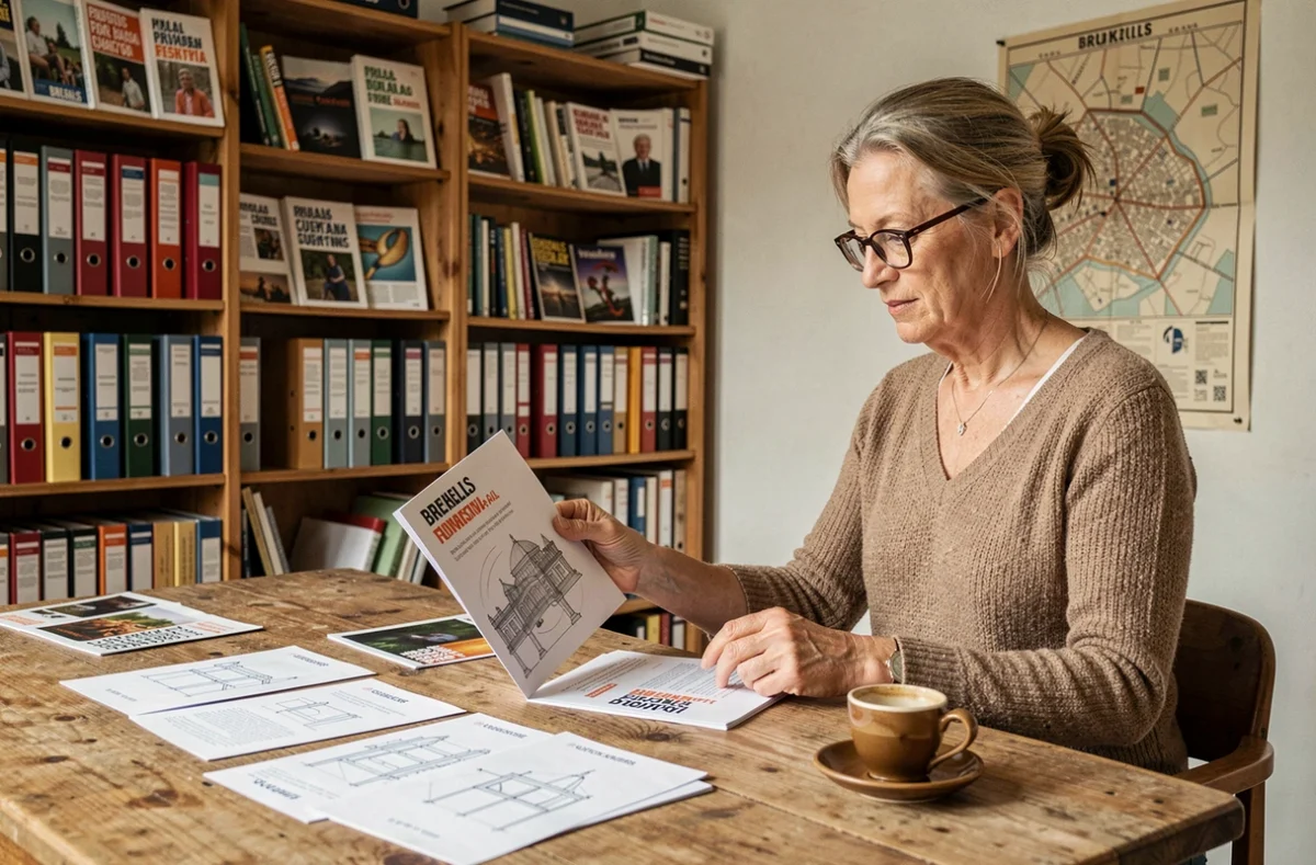 Directrice artistique d'un festival culturel bruxellois relisant des programmes dans son bureau de production