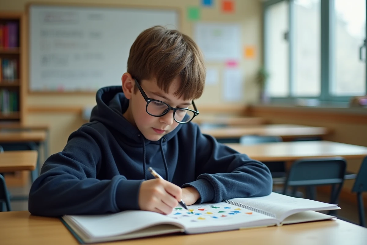 Élève dyslexique au collège utilisant une feuille de lecture colorée sur un manuel scolaire pour mieux déchiffrer le texte