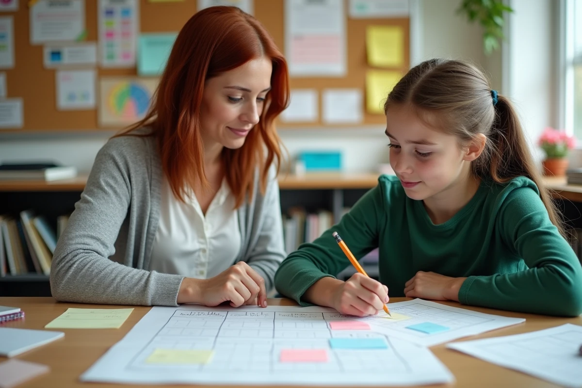 Enseignante accompagnant une collégienne en difficulté avec des outils de planification visuelle adaptés aux troubles dys