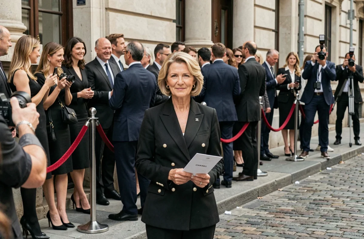 Invités et photographes rassemblés devant l'entrée d'un défilé Chanel à Paris avec cordons de velours rouge