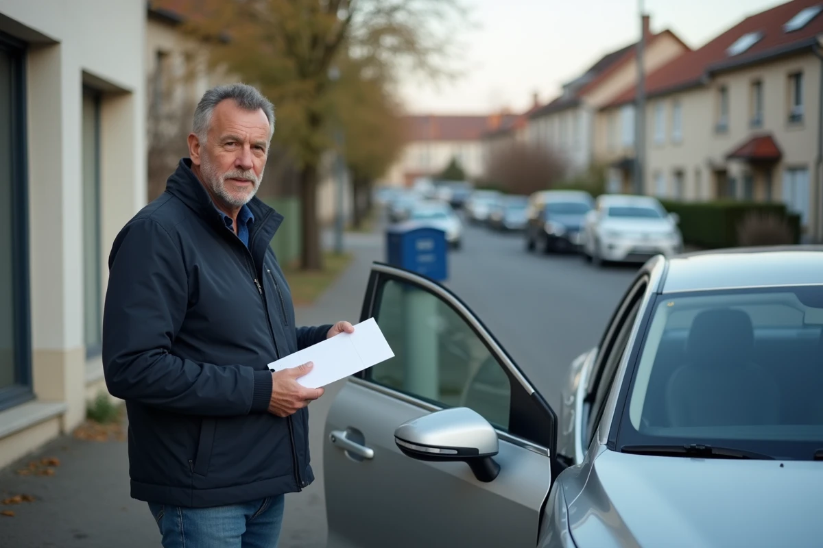 Homme envoyant sa lettre de résiliation d'assurance auto par courrier recommandé devant sa voiture