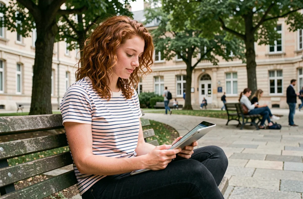 Étudiante accédant à la messagerie webmail de Créteil sur une tablette en plein air sur un campus universitaire