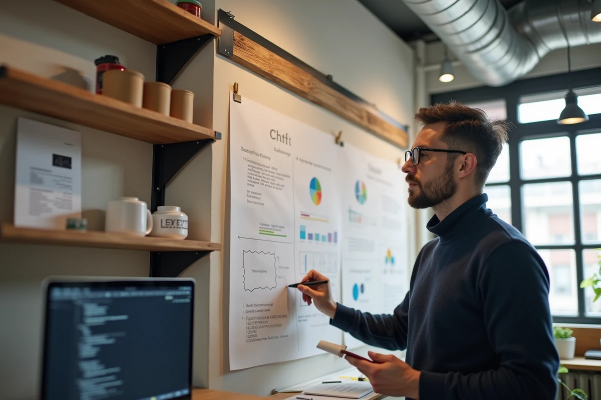 Développeur créatif de Fabernovel esquissant un parcours utilisateur pour une application web PHP dans un laboratoire d'innovation au design soigné