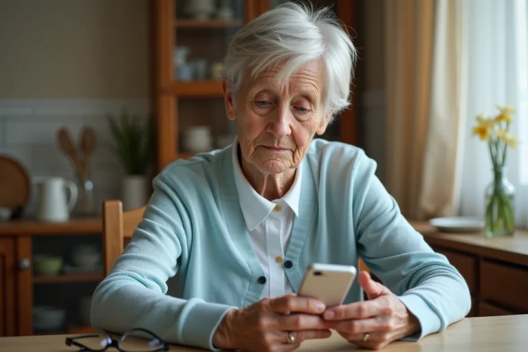 Une femme âgée examine une carte SIM et un téléphone Doro senior à la maison