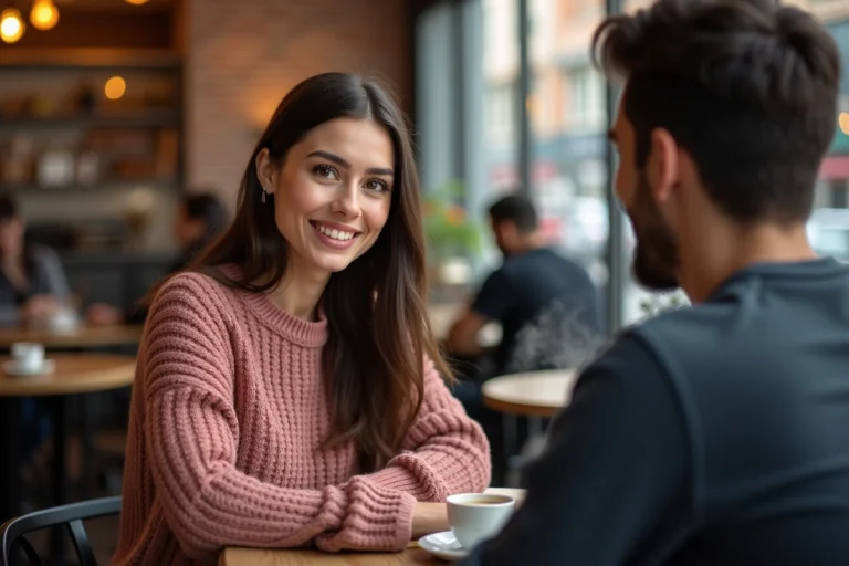 Femme attirée souriant et penchée vers un homme dans un café cosy, langage corporel ouvert et engagé
