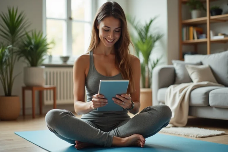Femme en tenue de sport souriante sur un tapis de yoga