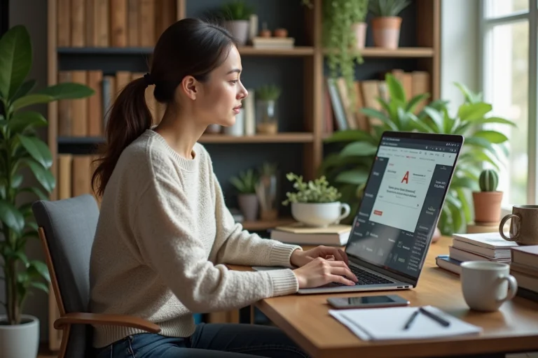 Jeune femme au bureau consulte un site web sur son ordinateur