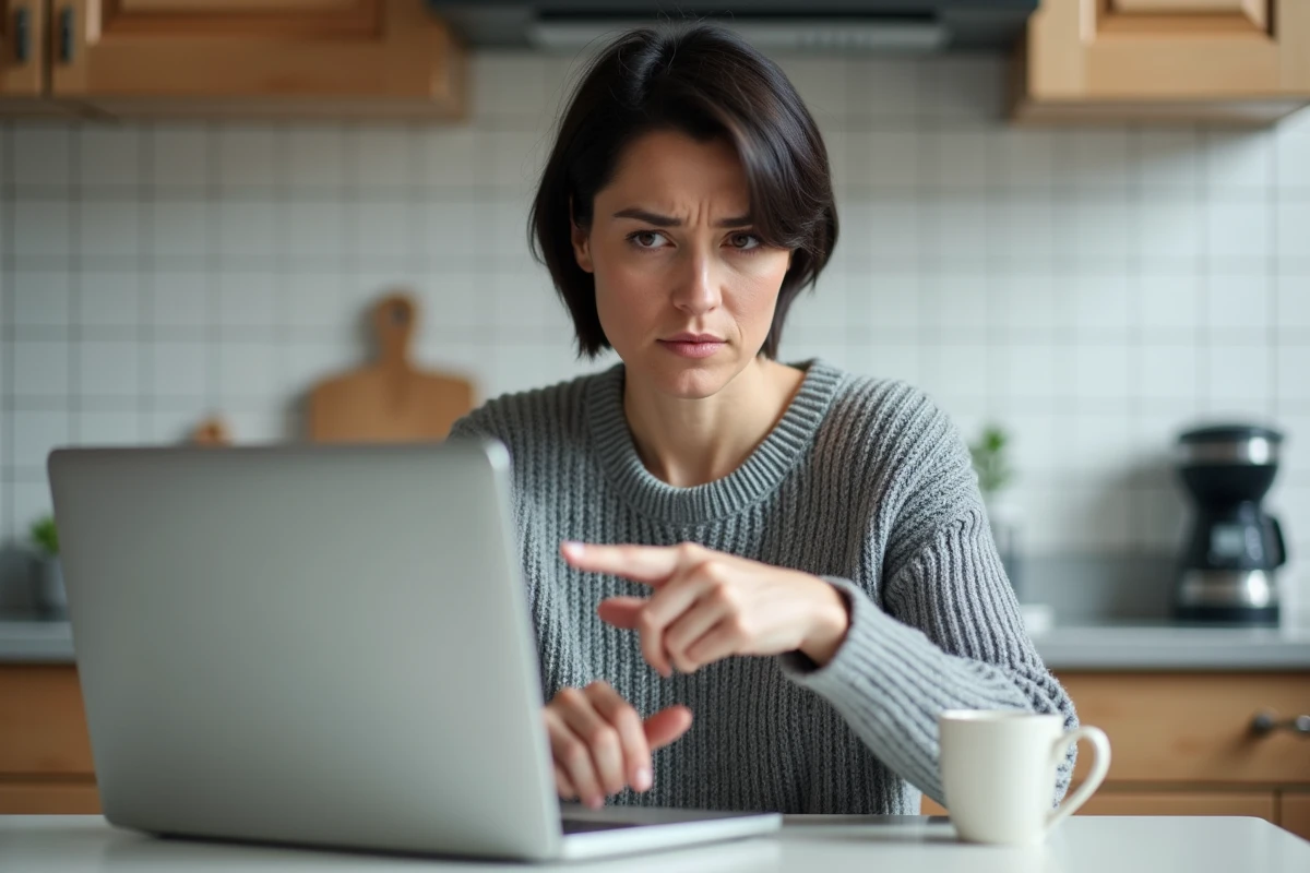 Femme cherchant des solutions en ligne pour une case 7DB grisée sur sa déclaration fiscale depuis sa cuisine