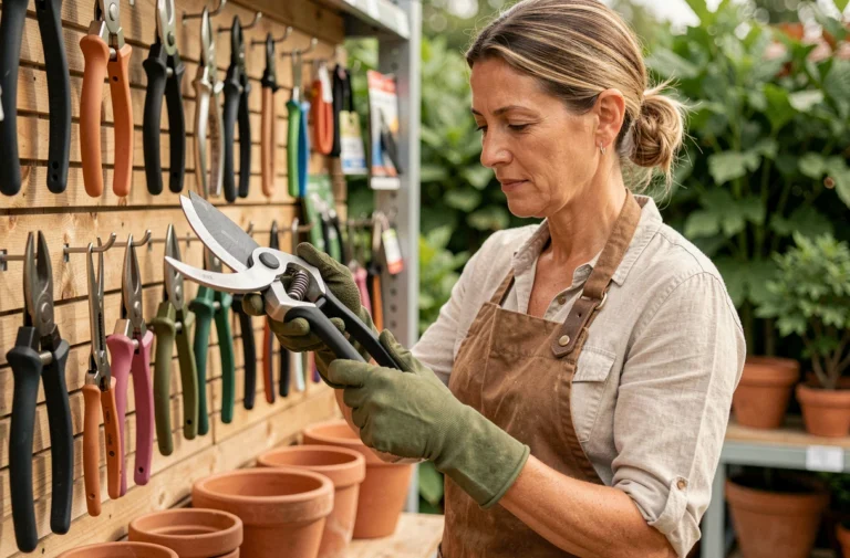 Femme choisissant un sécateur ergonomique dans un centre de jardinage, entourée d'outils de jardin en bois et de pots en terre cuite