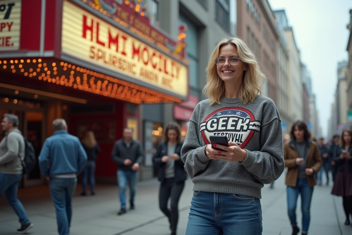 Femme cosplay souriante avec smartphone devant cinéma
