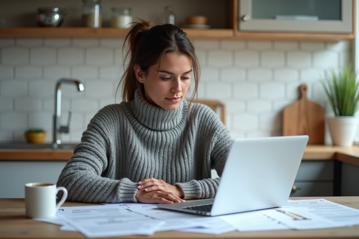 Femme consultant sa déclaration de revenus en ligne depuis sa cuisine, formulaire fiscal et case 2BH ouverts sur ordinateur portable