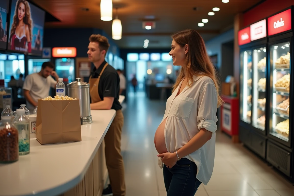 Femme enceinte au comptoir d'un cinéma choisissant des snacks sains comme de l'eau et du popcorn