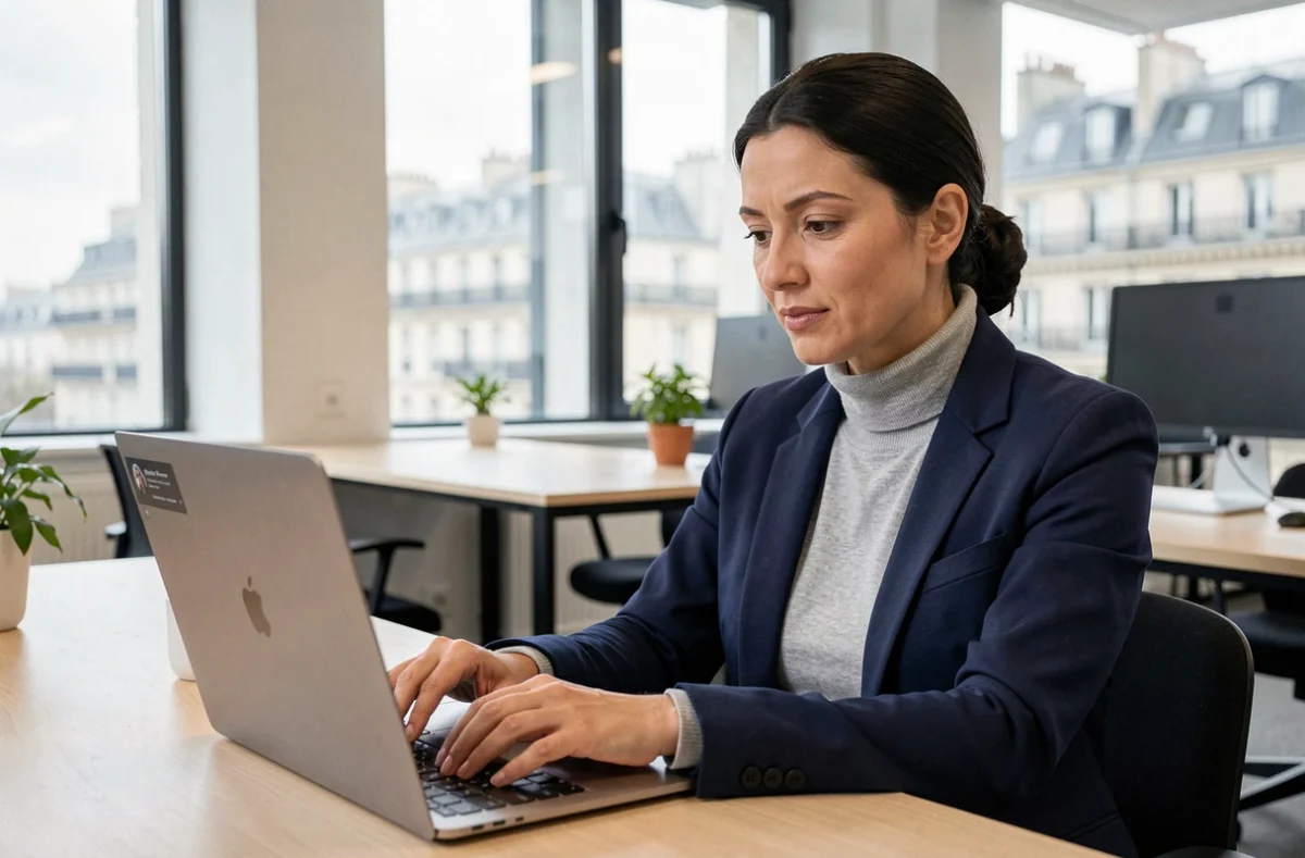 Femme professionnelle utilisant la messagerie webmail Créteil sur son ordinateur portable dans un bureau moderne