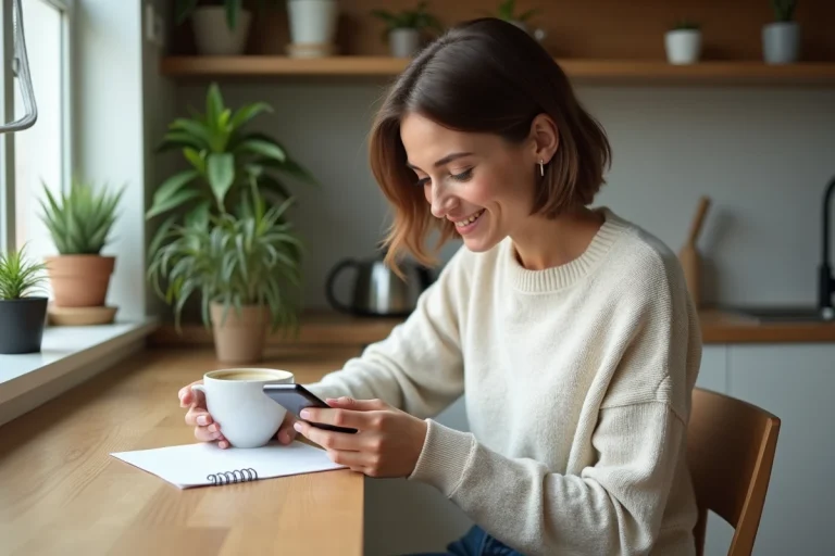 Femme souriante vérifiant sa to do list sur smartphone dans une cuisine moderne