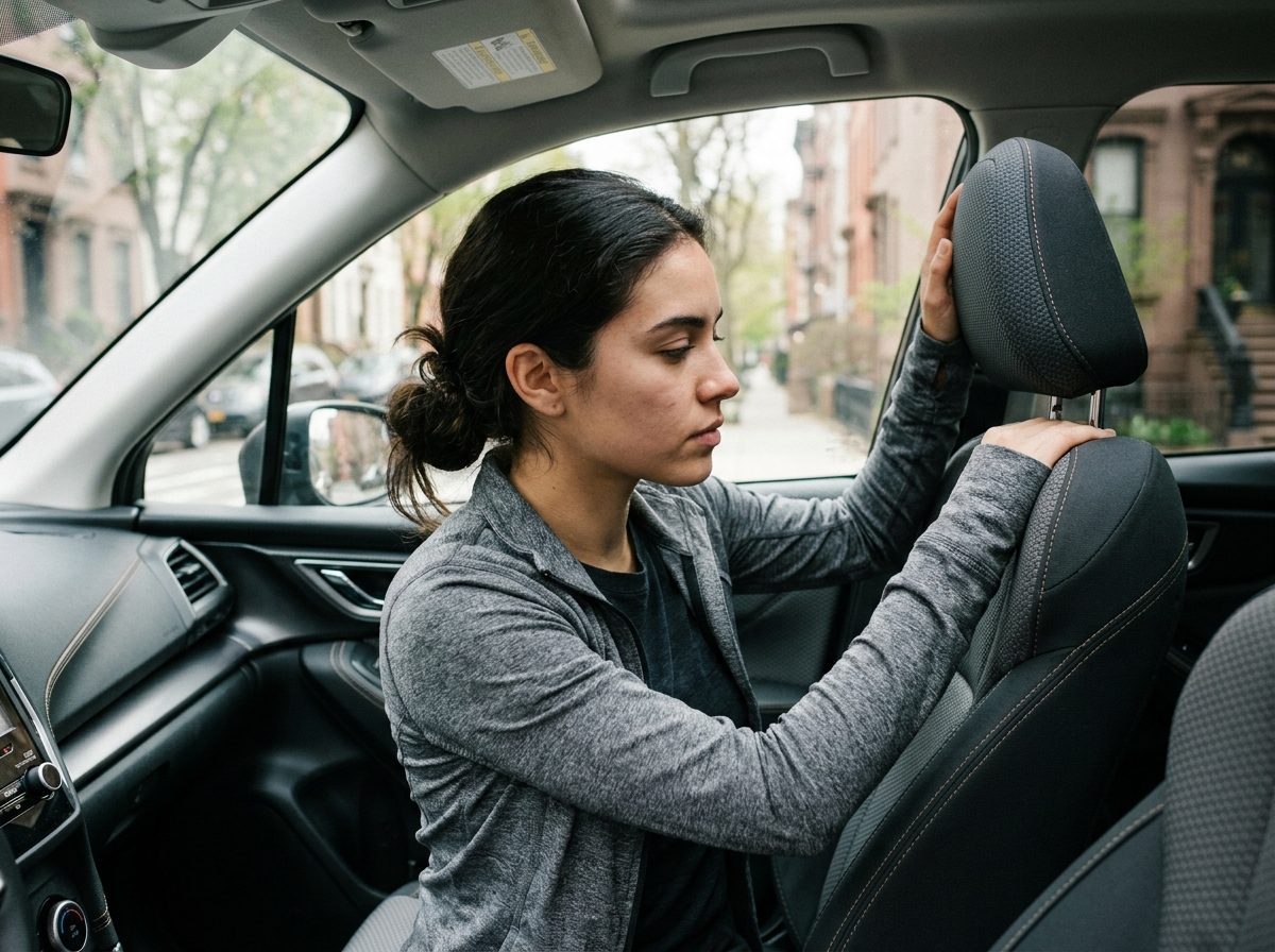 Jeune femme ajustant son siège dans un SUV en ville