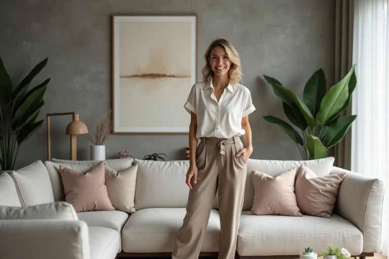 Femme élégante dans un salon moderne et épuré