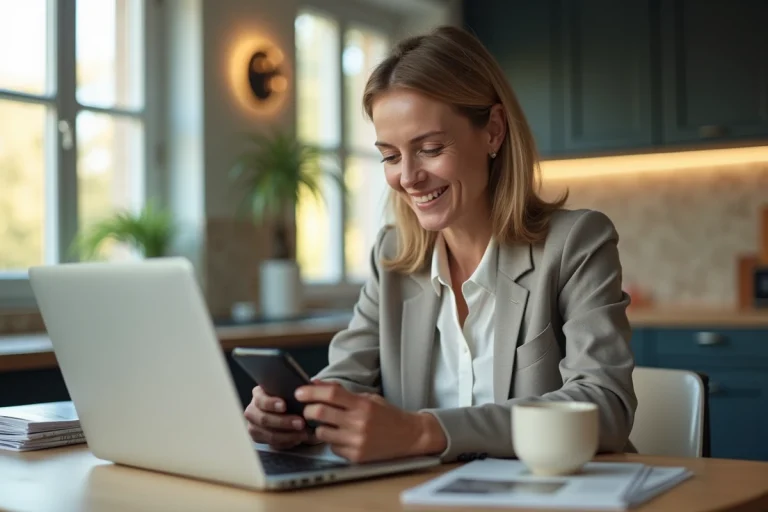 Femme d'âge moyen souriante vérifiant son smartphone pour ses voyages