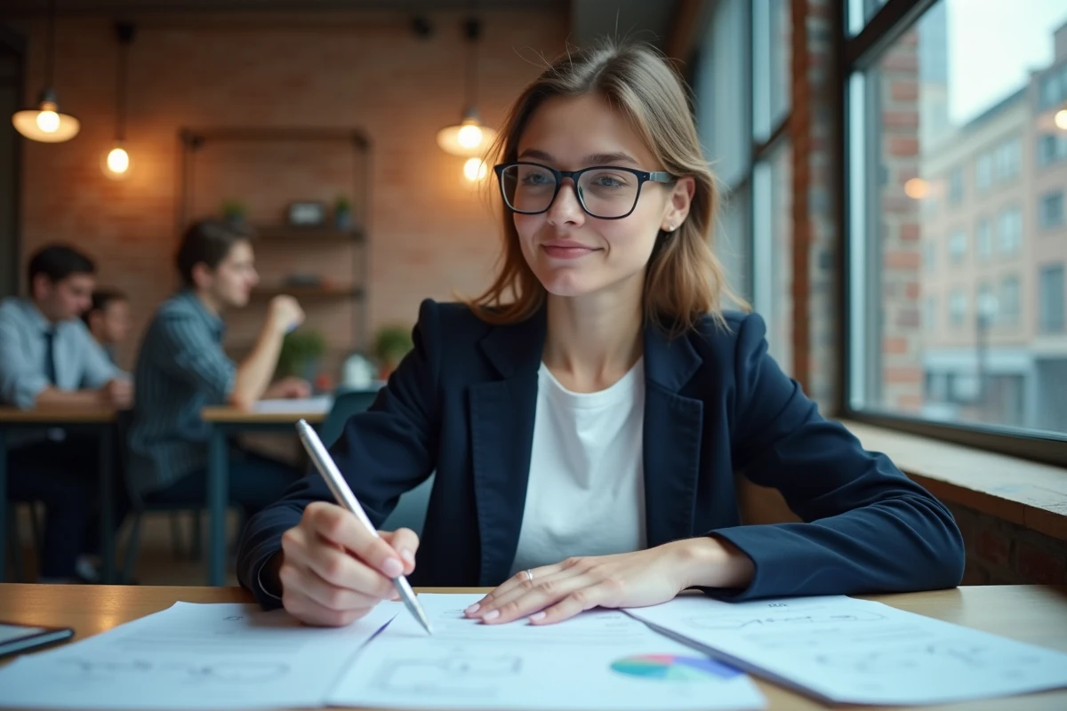 Freelance spécialisée en rédaction web analysant une stratégie de contenu dans un espace de coworking urbain