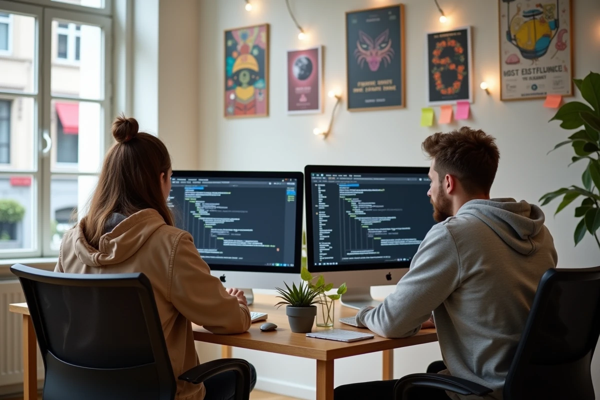 Deux développeurs de Galadrim en pair programming sur du code PHP et Symfony dans un environnement startup collaboratif et lumineux