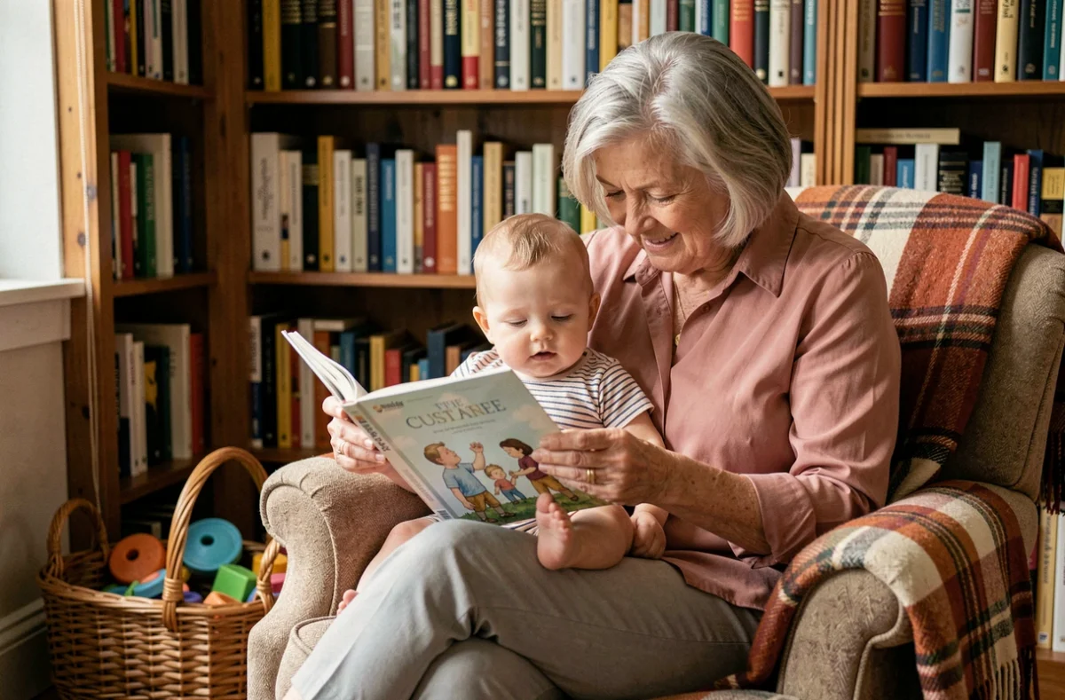 Grand-mère lisant un livre illustré à son petit-enfant de huit mois dans un coin lecture chaleureux entouré de livres