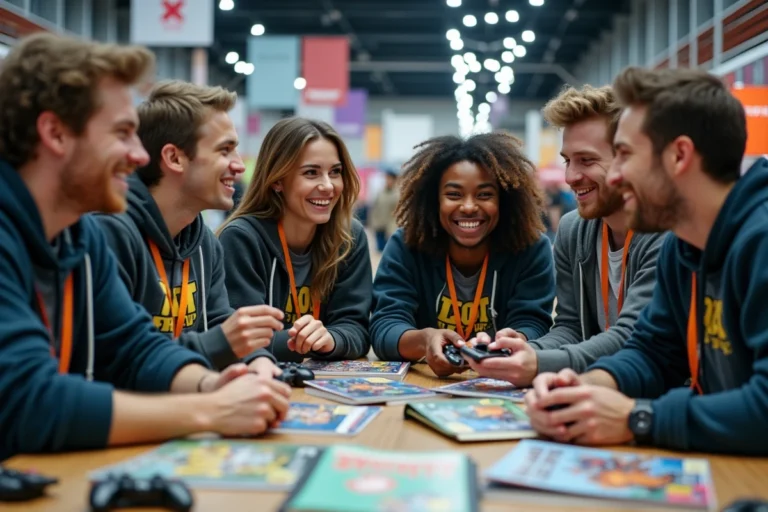 Groupe de jeunes adultes geek autour de comics et jeux